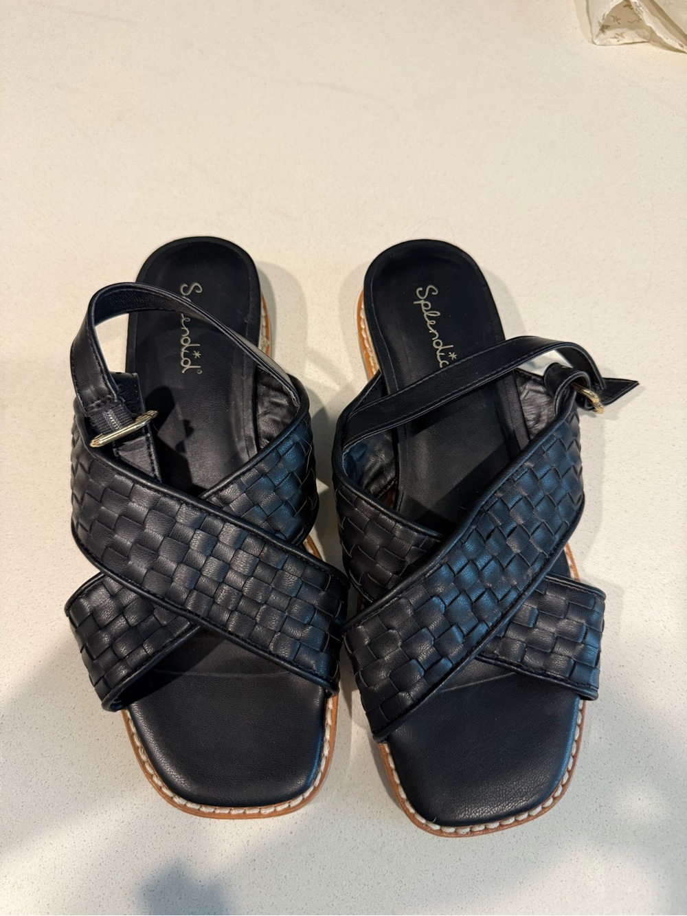 Splendid Black Woven Leather Cross-Strap Slide Sandals